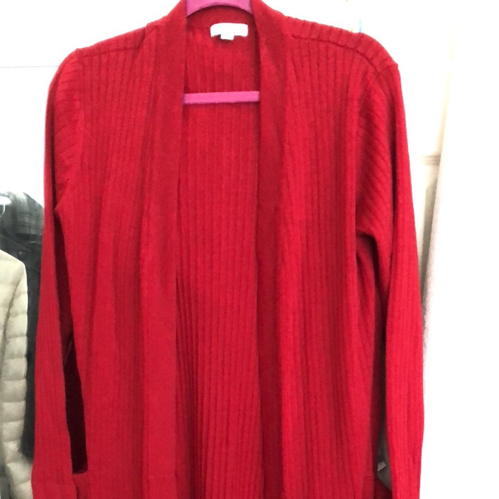 Red cardigan, pretty long